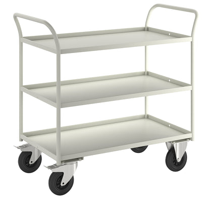 KM41 table trolley, 3 shelves with raised edges, LxWxH 1070 x 550 x 1000 mm, white, 2 swivel castors with stops, 2 fixed castors.