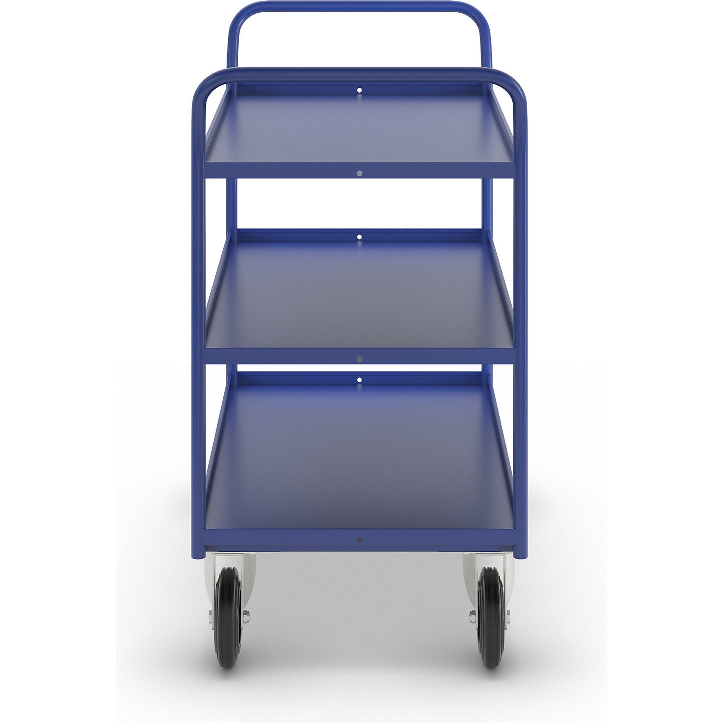 KM41 table trolley, 3 shelves with raised edges, LxWxH 1070 x 550 x 1000 mm, blue, 2 swivel castors and 2 fixed castors.