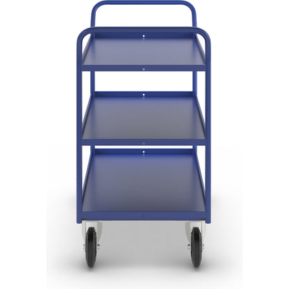 KM41 table trolley, 3 shelves with raised edges, LxWxH 1070 x 550 x 1000 mm, blue, 2 swivel castors and 2 fixed castors.