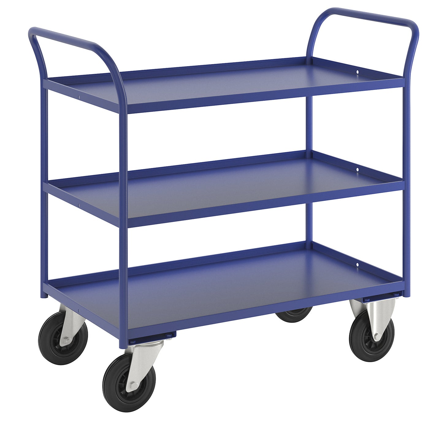 KM41 table trolley, 3 shelves with raised edges, LxWxH 1070 x 550 x 1000 mm, blue, 2 swivel castors and 2 fixed castors.