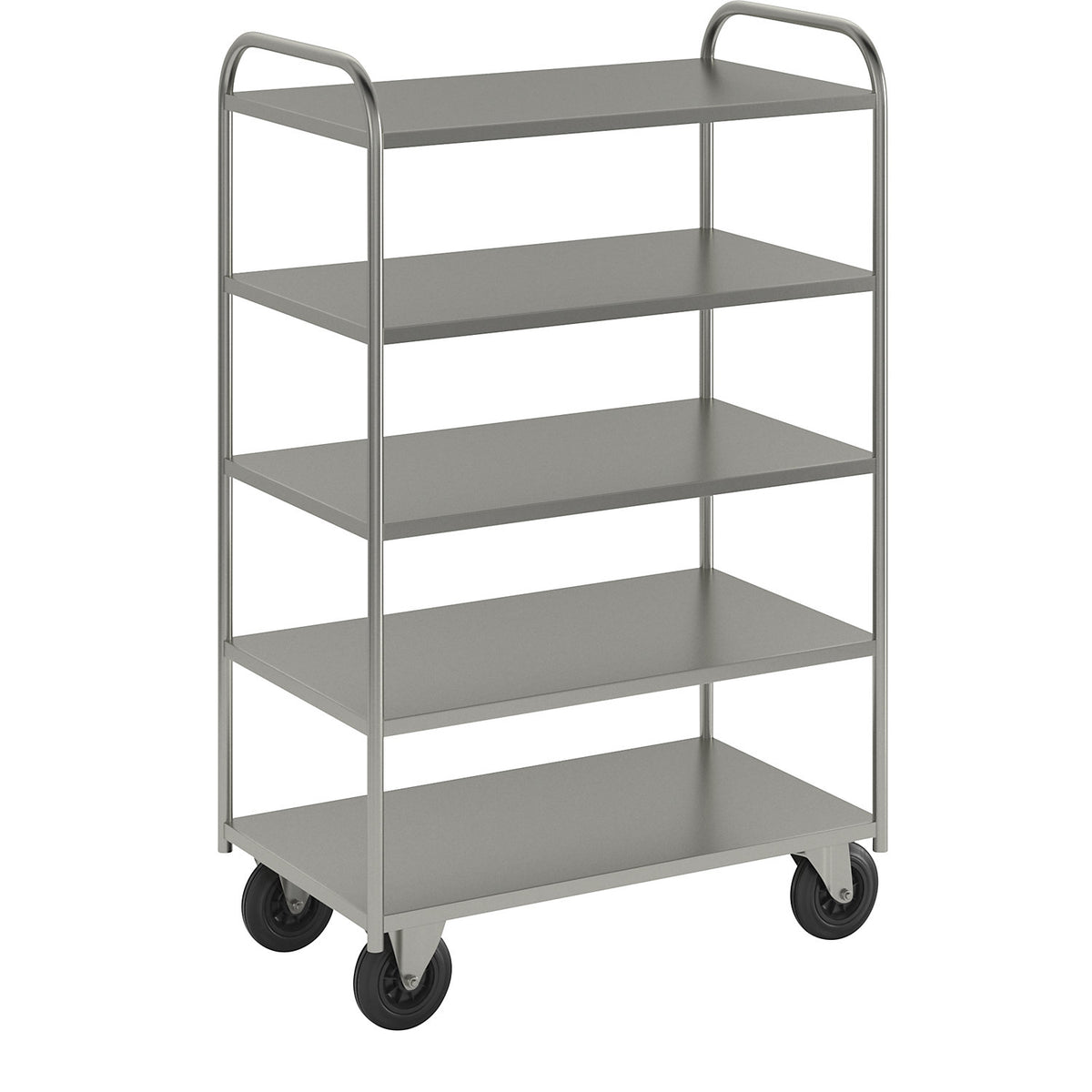 KM41 shelf truck, 5 shelves, LxWxH 955 x 550 x 1470 mm, zinc plated, 2 swivel castors and 2 fixed castors.