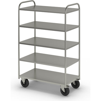 KM41 shelf truck, 5 shelves, LxWxH 955 x 550 x 1470 mm, zinc plated, 2 swivel castors with stops, 2 fixed castors.