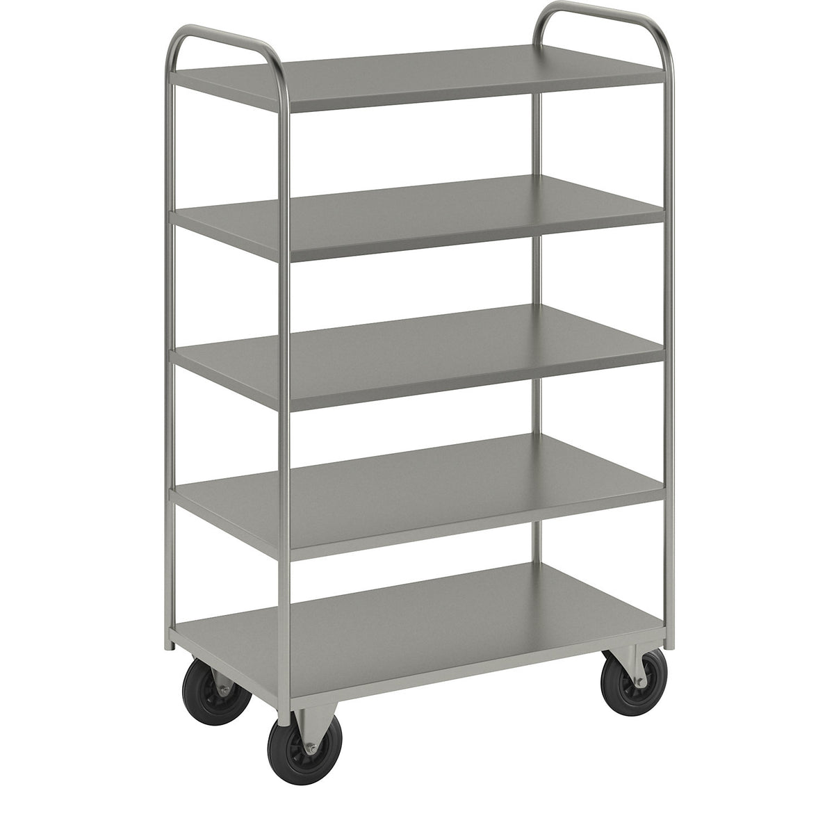 KM41 shelf truck, 5 shelves, LxWxH 955 x 550 x 1470 mm, zinc plated, 2 swivel castors with stops, 2 fixed castors.