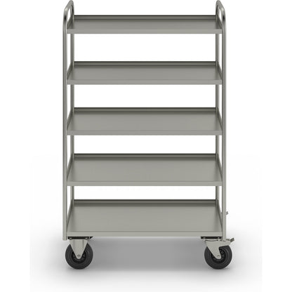 KM41 shelf truck, 5 shelves with raised edges, LxWxH 955 x 550 x 1490 mm, zinc plated, 2 swivel castors with stops, 2 fixed castors.