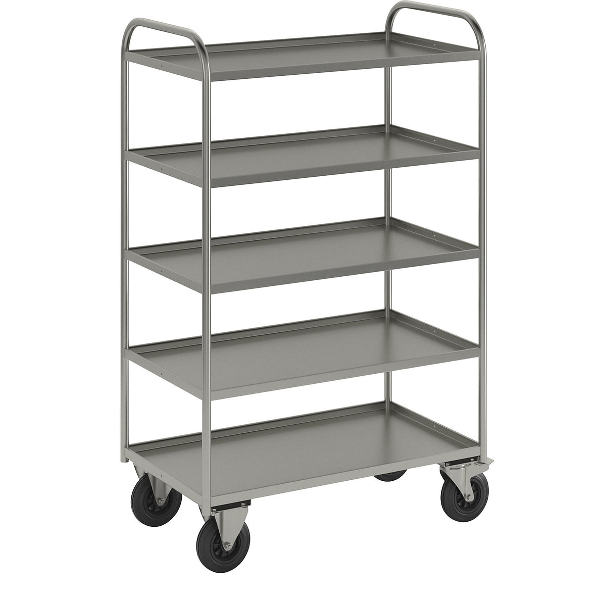 KM41 shelf truck, 5 shelves with raised edges, LxWxH 955 x 550 x 1490 mm, zinc plated, 2 swivel castors with stops, 2 fixed castors.