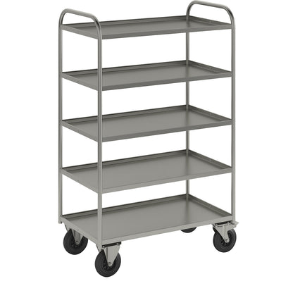 KM41 shelf truck, 5 shelves with raised edges, LxWxH 955 x 550 x 1490 mm, zinc plated, 2 swivel castors with stops, 2 fixed castors.