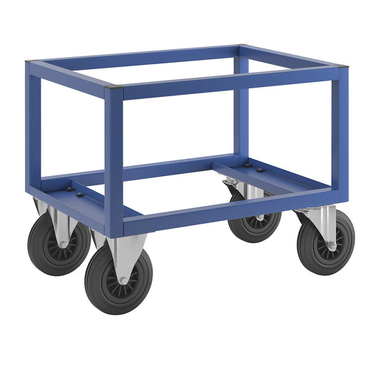 KM221 pallet dolly, LxWxH 800 x 600 x 650 mm, blue, 2 swivel castors and 2 fixed castors.