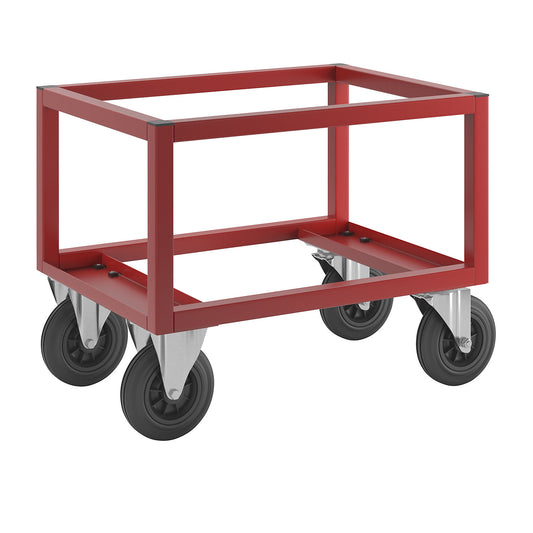 KM221 pallet dolly, LxWxH 800 x 600 x 650 mm, red, 2 swivel castors and 2 fixed castors.