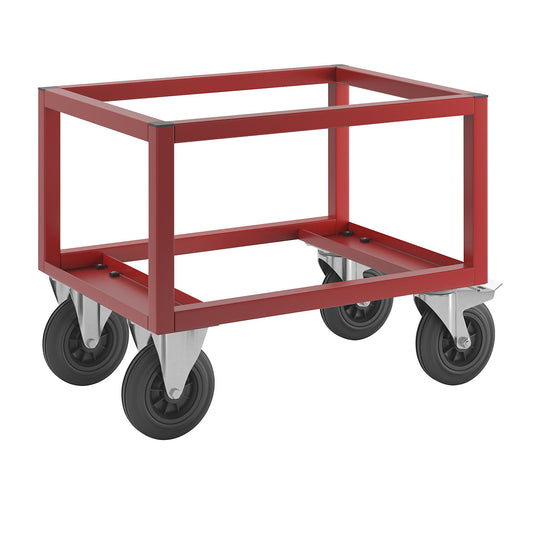 KM221 pallet dolly, LxWxH 800 x 600 x 650 mm, red, 2 swivel castors with stops, 2 fixed castors.