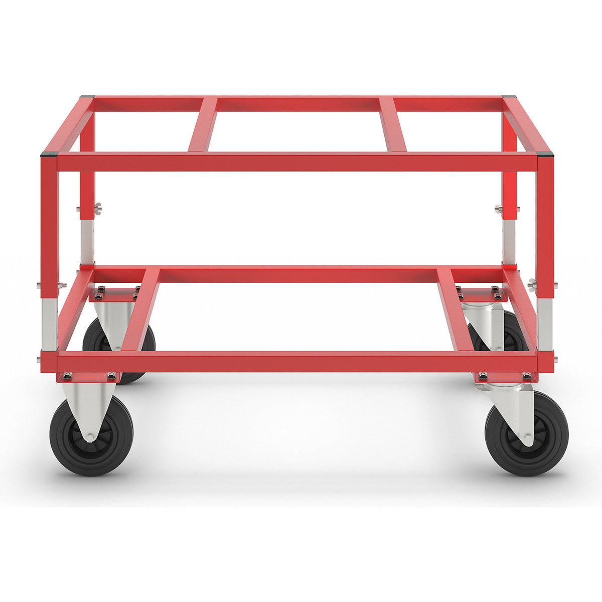 KM222 pallet dolly, LxWxH 1200 x 800 x 655 - 830 mm, red, 2 swivel castors and 2 fixed castors.