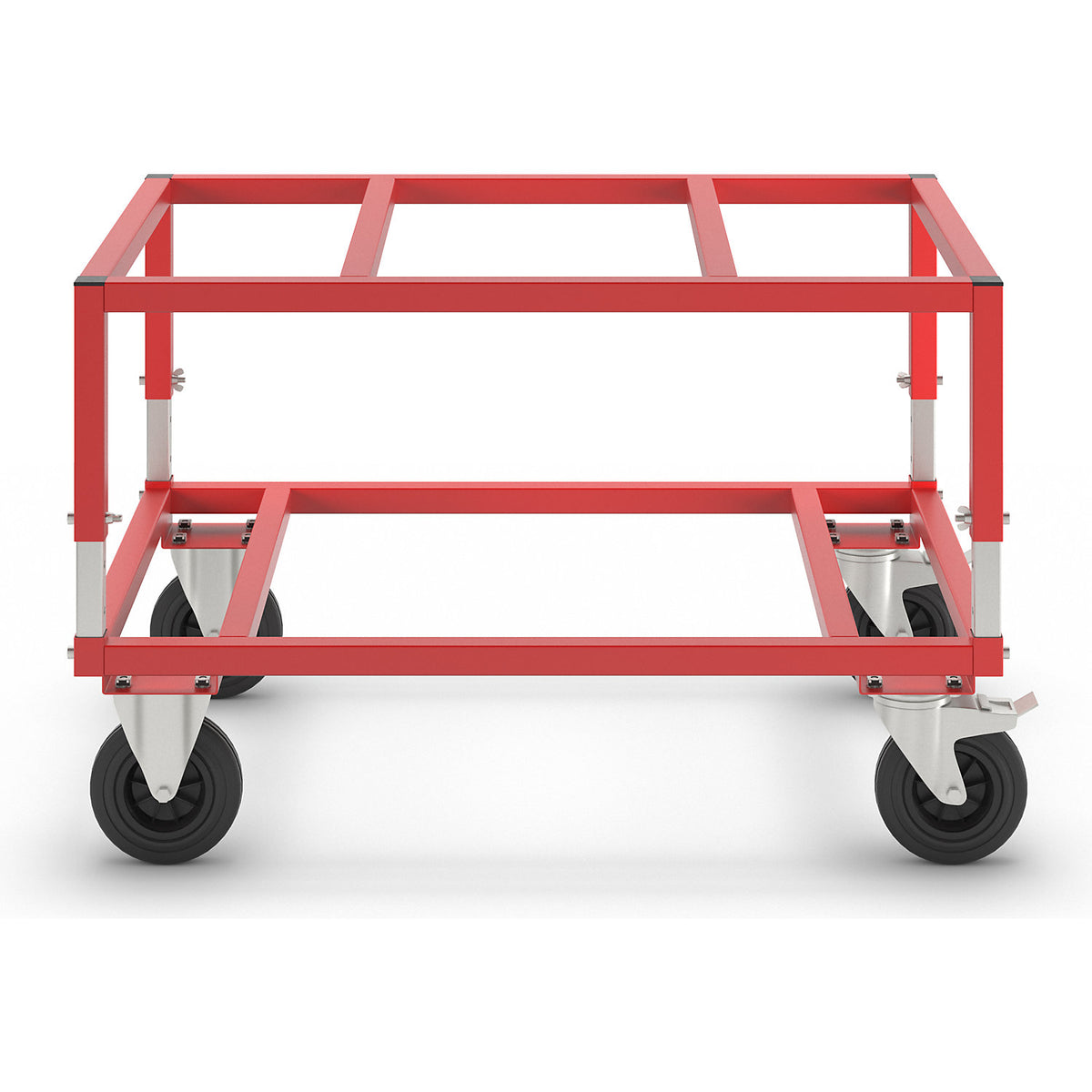 KM222 pallet dolly, LxWxH 1200 x 800 x 655 - 830 mm, red, 2 swivel castors with stops, 2 fixed castors.