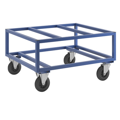 KM221 pallet dolly, LxWxH 1200 x 1000 x 650 mm, blue, 2 swivel castors and 2 fixed castors.