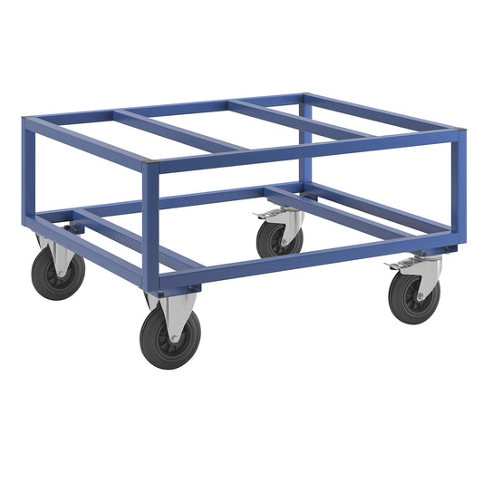 KM221 pallet dolly, LxWxH 1200 x 1000 x 650 mm, blue, 2 swivel castors with stops, 2 fixed castors.