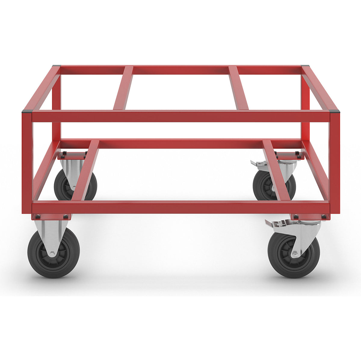 KM221 pallet dolly, LxWxH 1200 x 1000 x 650 mm, red, 2 swivel castors with stops, 2 fixed castors.