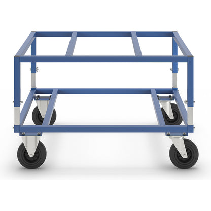 KM222 pallet dolly, LxWxH 1200 x 1000 x 655 - 830 mm, blue, 2 swivel castors and 2 fixed castors.