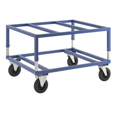 KM222 pallet dolly, LxWxH 1200 x 1000 x 655 - 830 mm, blue, 2 swivel castors and 2 fixed castors.