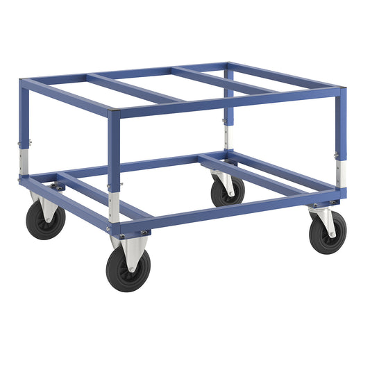 KM222 pallet dolly, LxWxH 1200 x 1000 x 655 - 830 mm, blue, 2 swivel castors and 2 fixed castors.