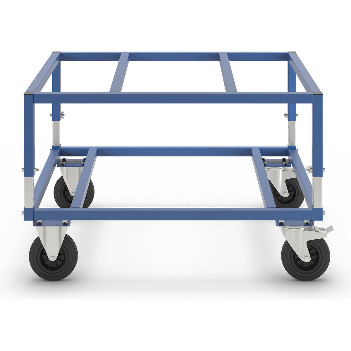 KM222 pallet dolly, LxWxH 1200 x 1000 x 655 - 830 mm, blue, 2 swivel castors with stops, 2 fixed castors.