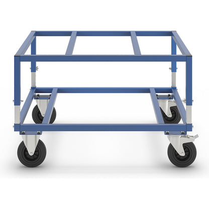 KM222 pallet dolly, LxWxH 1200 x 1000 x 655 - 830 mm, blue, 2 swivel castors with stops, 2 fixed castors.