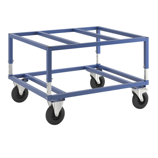 KM222 pallet dolly, LxWxH 1200 x 1000 x 655 - 830 mm, blue, 2 swivel castors with stops, 2 fixed castors.