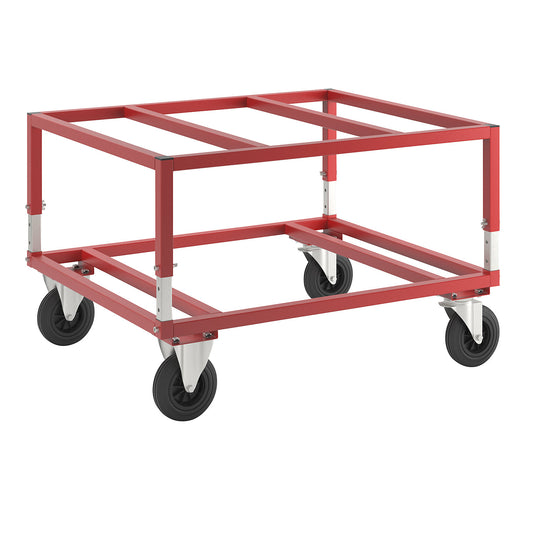 KM222 pallet dolly, LxWxH 1200 x 1000 x 655 - 830 mm, red, 2 swivel castors and 2 fixed castors.