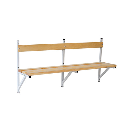 Wall mounted bench, pine wood slats, length 1500 mm, light grey.