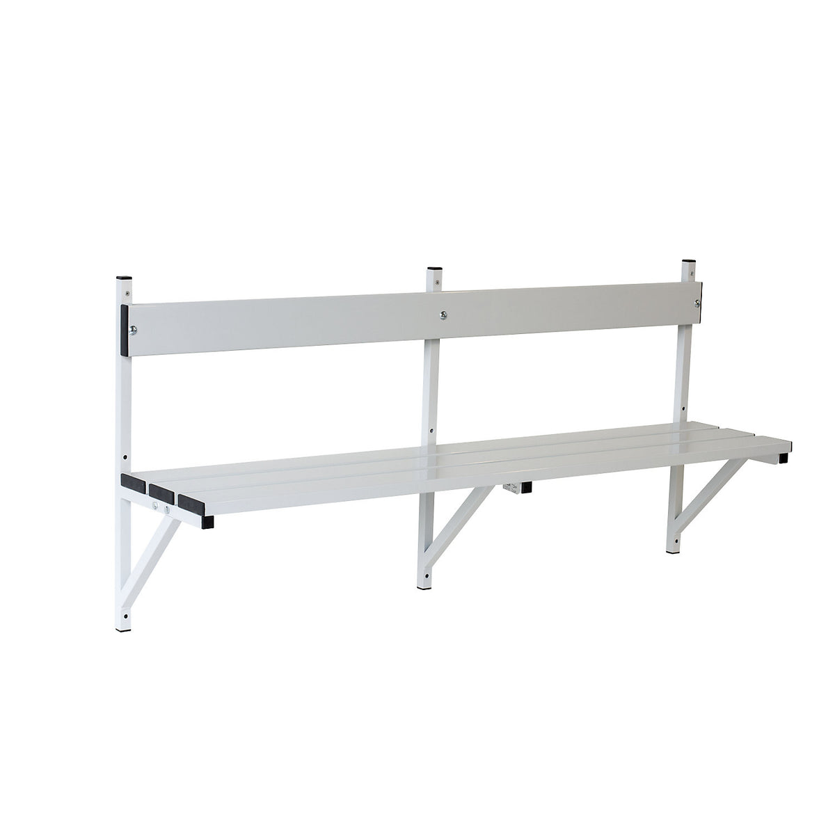 Wall mounted bench, aluminium slats/stainless steel frame, length 1500 mm, light grey.