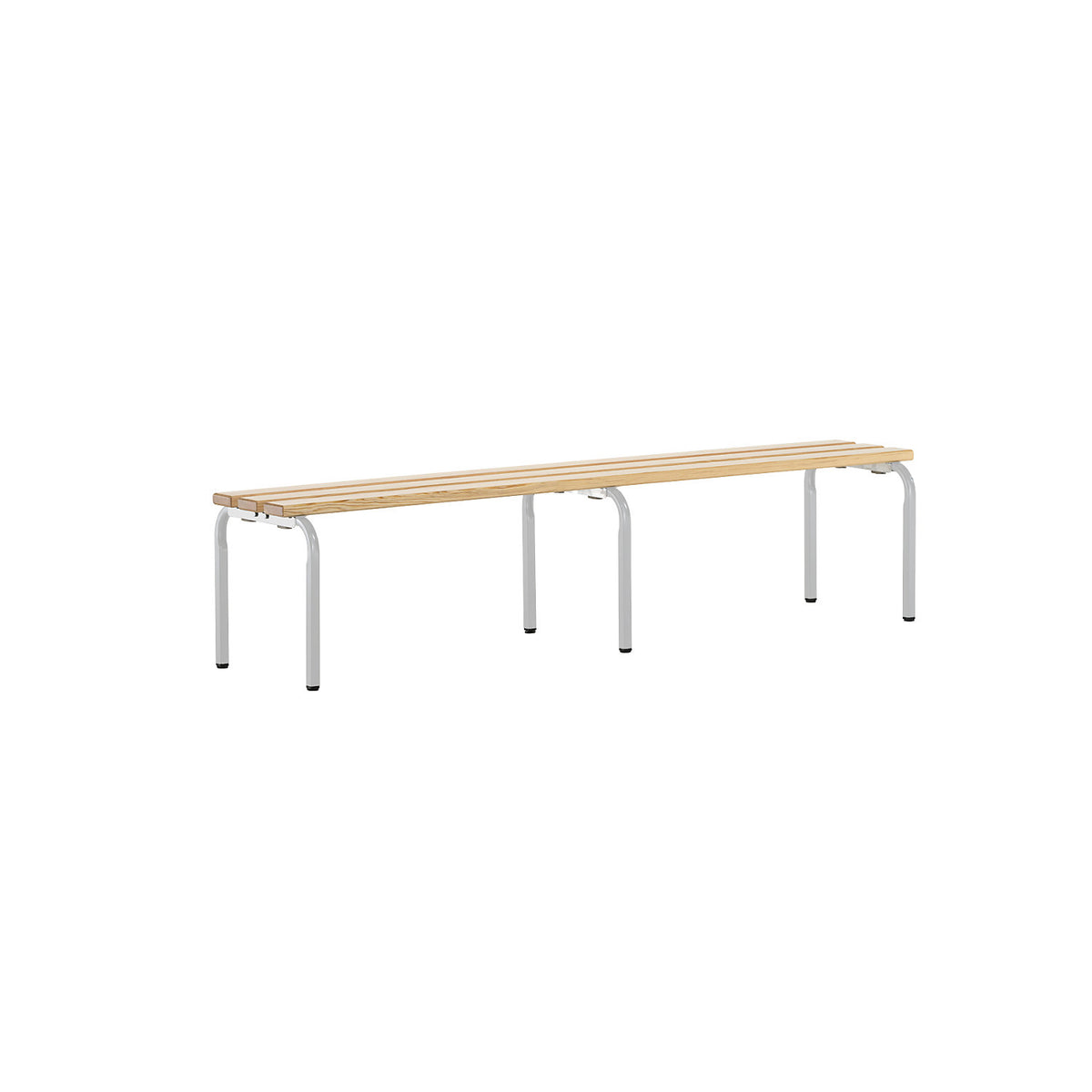 Changing room bench, stackable, pine wood slats, length 1500 mm, light grey frame.