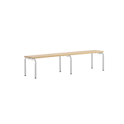 Changing room bench, stackable, pine wood slats, length 1500 mm, light grey frame.