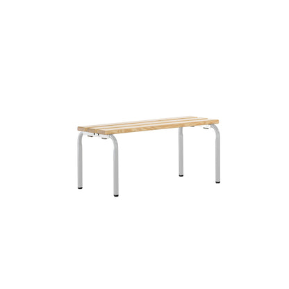 Changing room bench, stackable, pine wood slats, length 1015 mm, light grey frame.