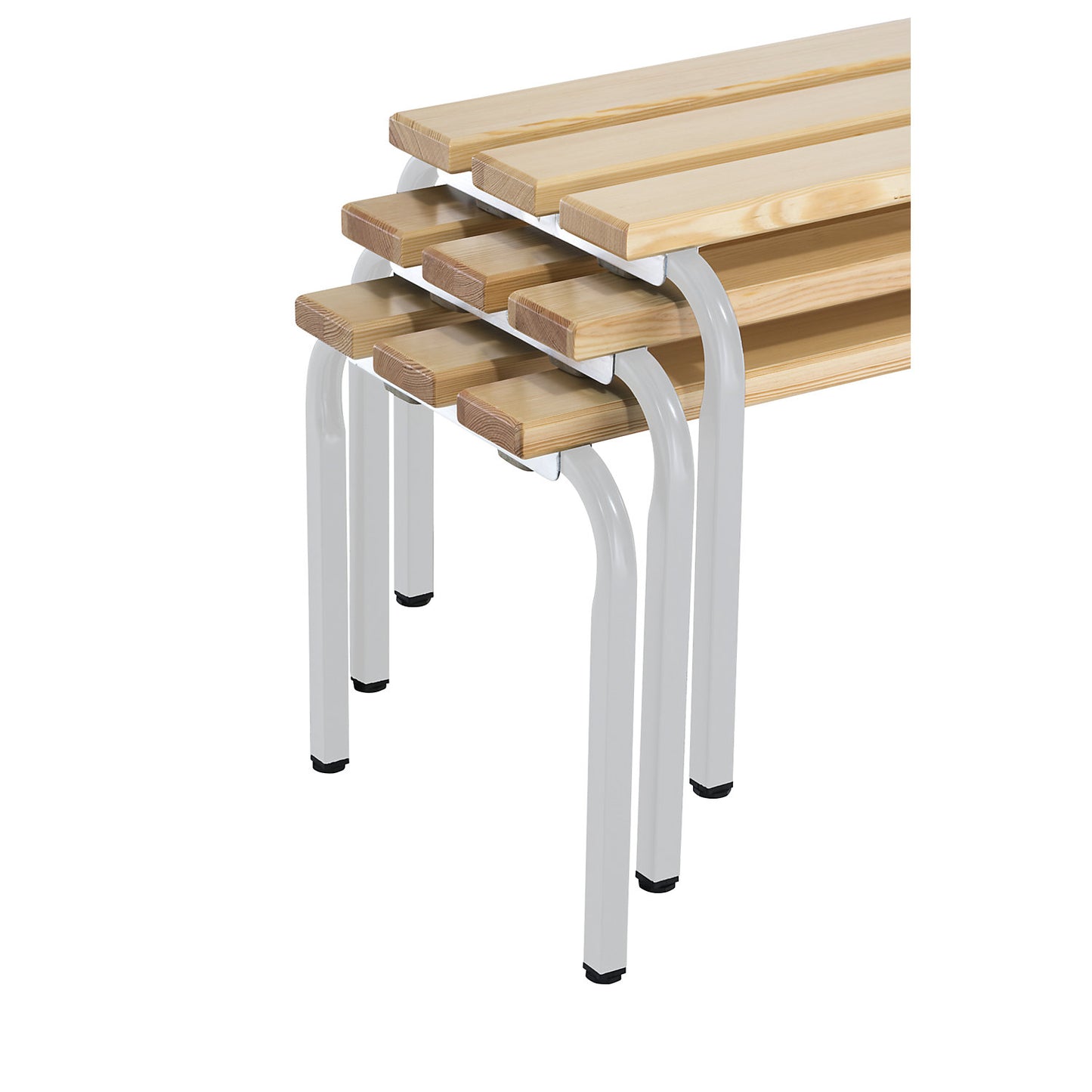 Changing room bench, stackable, pine wood slats, length 1015 mm, light grey frame.