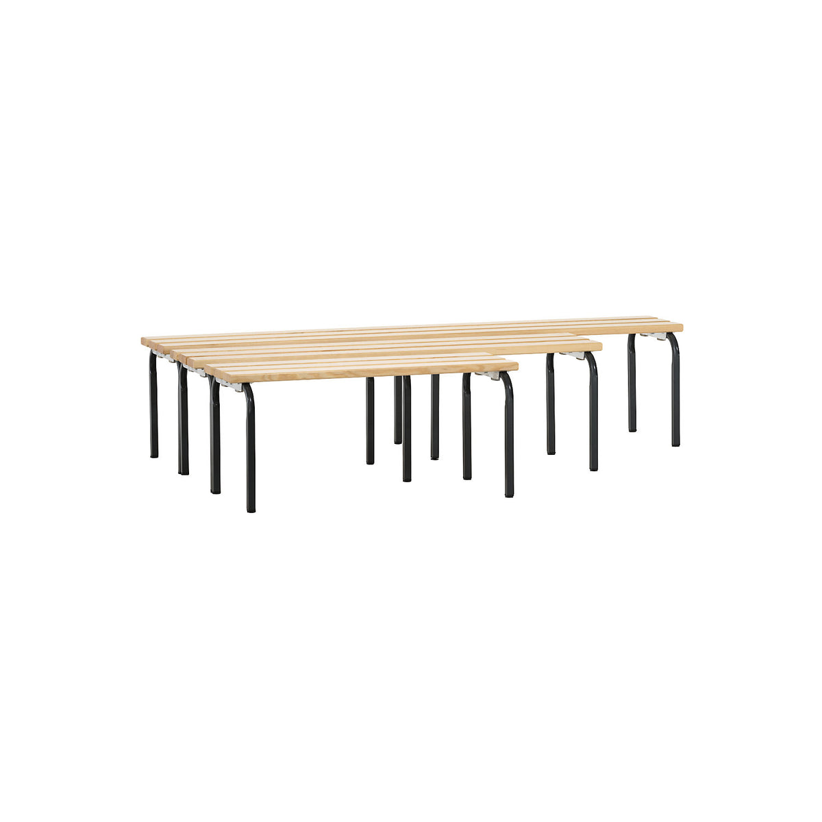 Changing room bench, stackable, pine wood slats, length 1015 mm, charcoal frame.