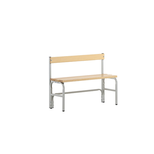 Half height changing room bench with back rest, single-sided, pine wood slats, length 1015 mm, light grey.