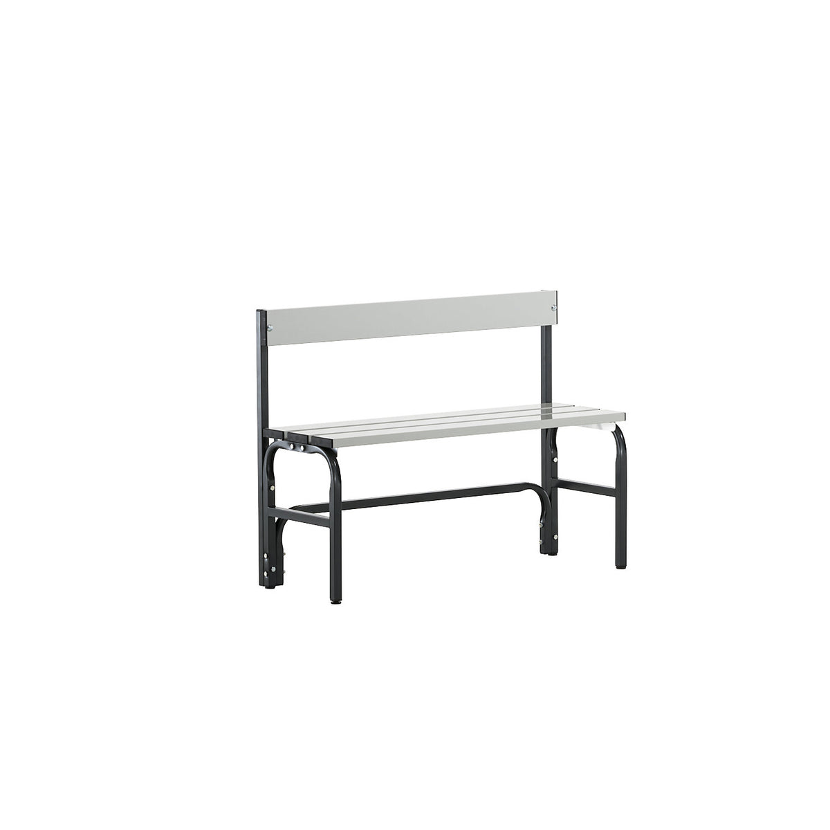 Half height changing room bench with back rest, single-sided, aluminium / stainless steel, length 1015 mm, charcoal.