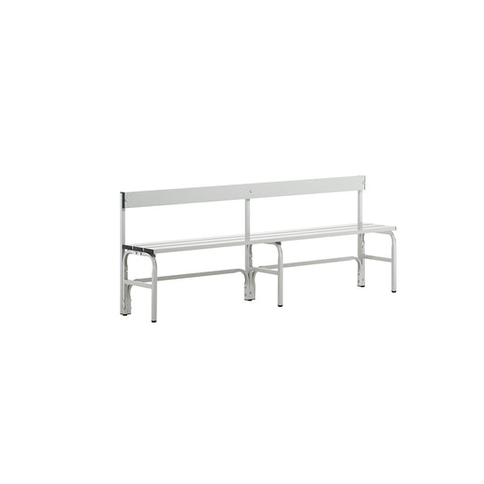 Half height changing room bench with back rest, single-sided, aluminium, length 2000 mm, light grey.
