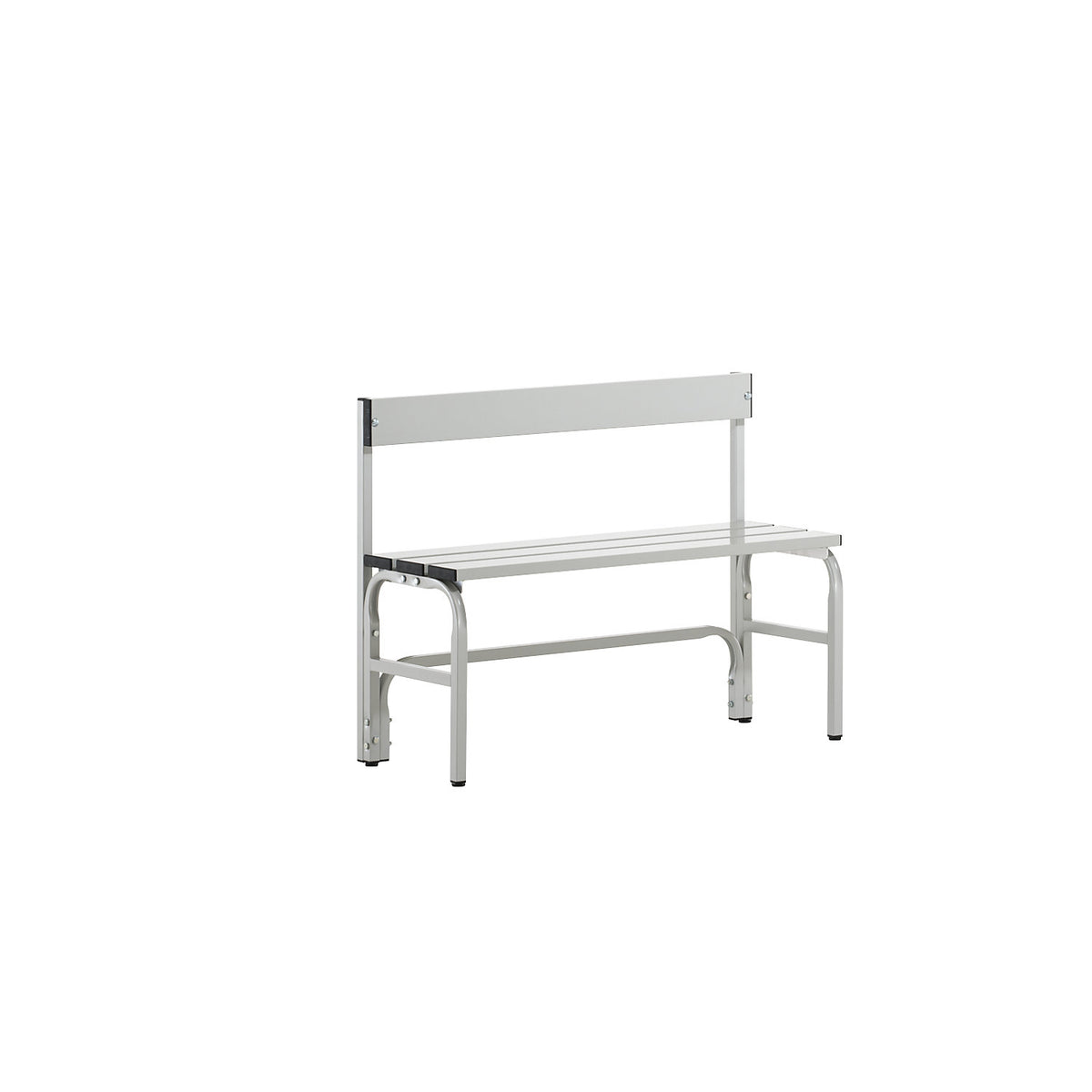 Half height changing room bench with back rest, single-sided, aluminium / stainless steel, length 1015 mm, light grey.