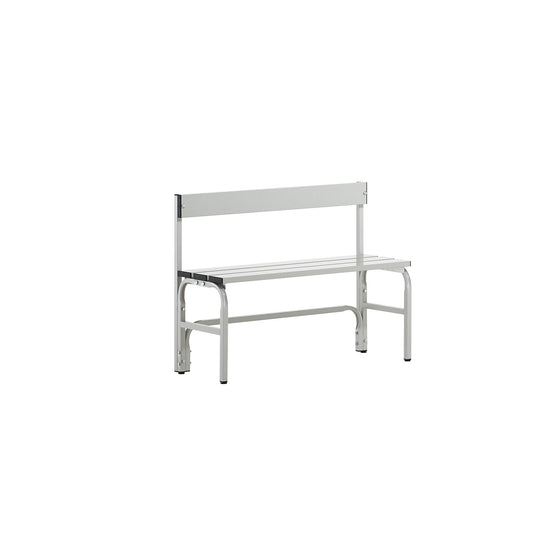 Half height changing room bench with back rest, single-sided, aluminium, length 1015 mm, light grey.