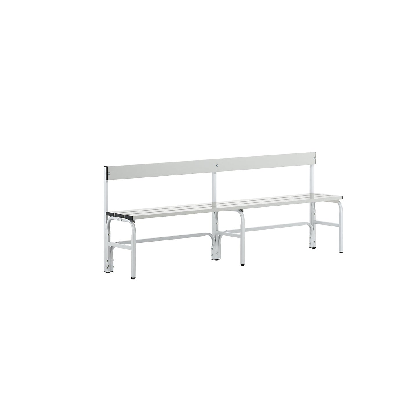 Half height changing room bench with back rest, single-sided, aluminium / stainless steel, length 1500 mm, light grey.
