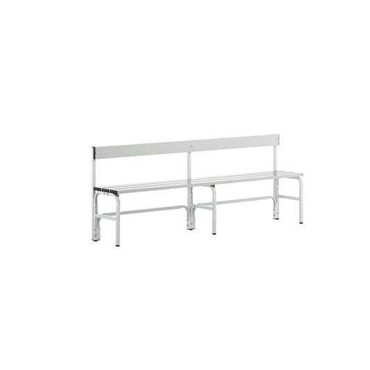 Half height changing room bench with back rest, single-sided, aluminium / stainless steel, length 1500 mm, light grey.