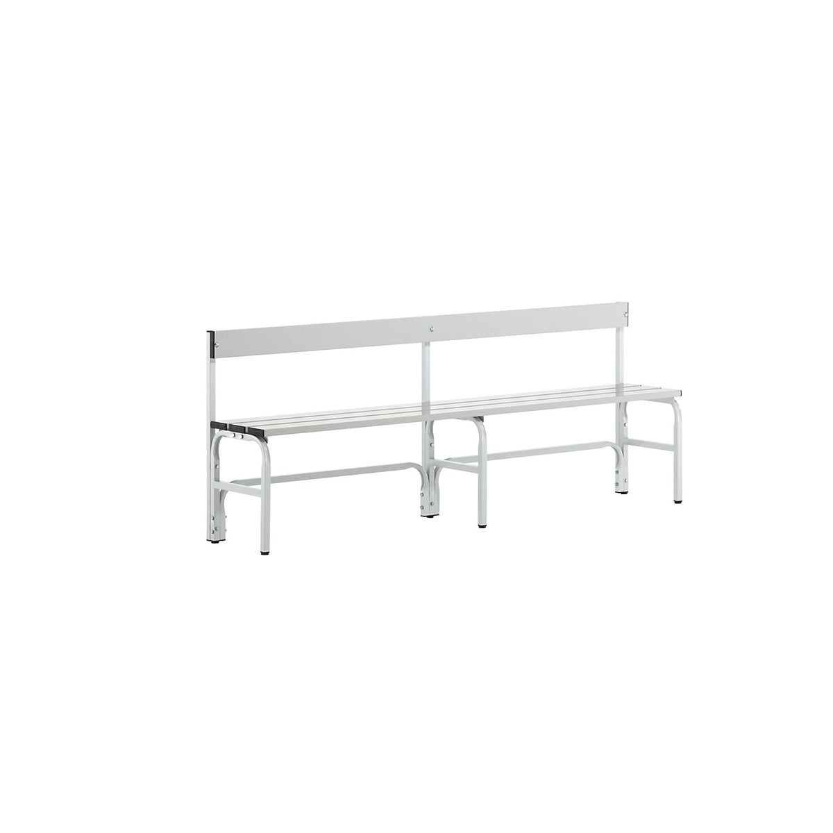 Half height changing room bench with back rest, single-sided, aluminium / stainless steel, length 2000 mm, light grey.