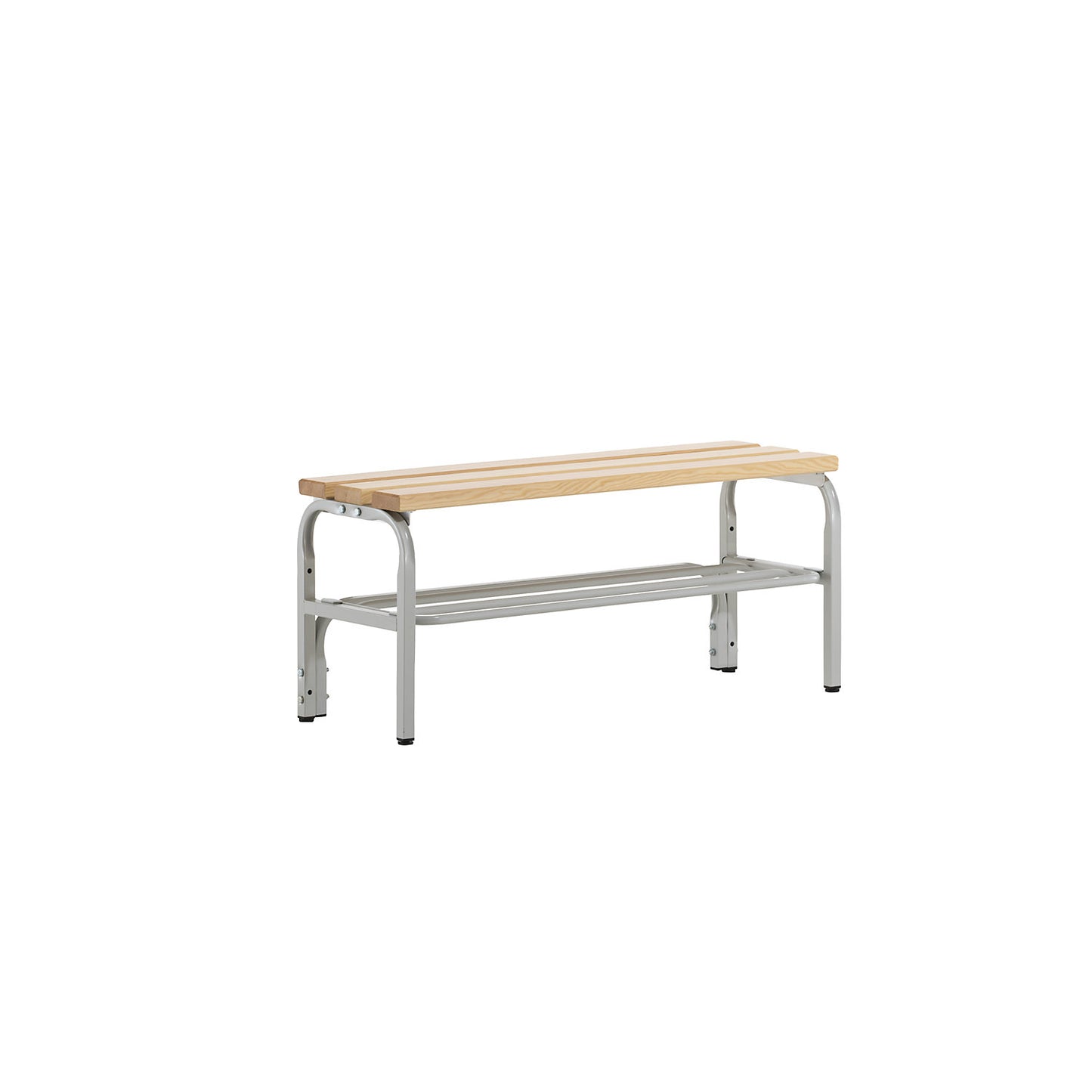 Changing room bench, single sided, with shoe rack, length 1015 mm, light grey.