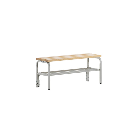 Changing room bench, single sided, with shoe rack, length 1015 mm, light grey.