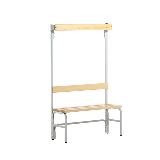Changing room bench with hook strips, single-sided, 3 hooks, 1015 mm, light grey.