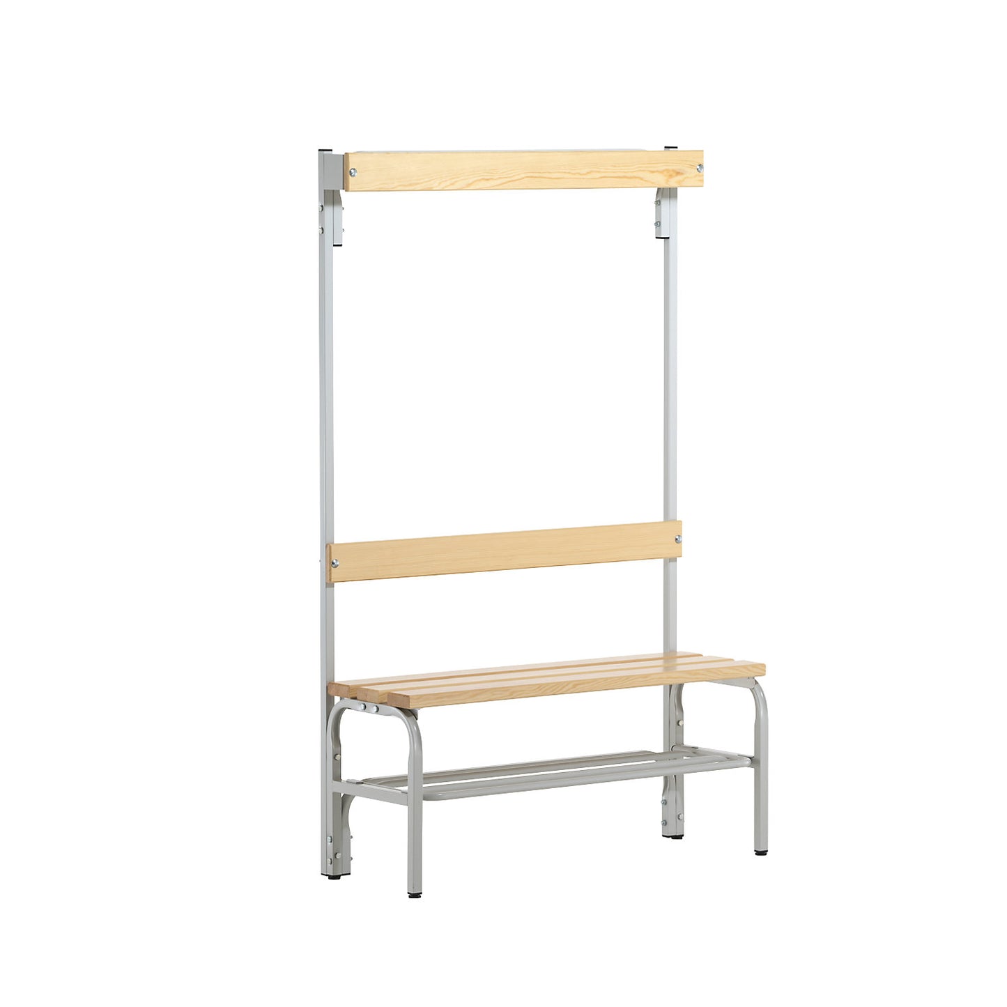 Changing room bench with hook strips, single-sided, 3 hooks, 1015 mm, light grey, shoe rack.