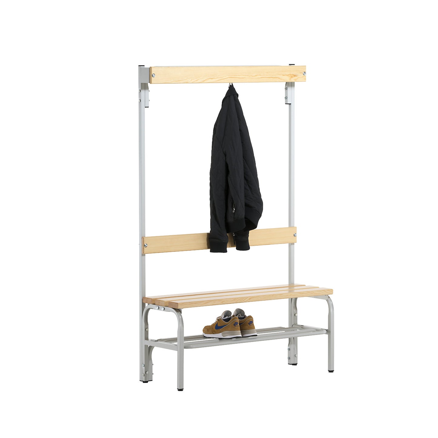 Changing room bench with hook strips, single-sided, 3 hooks, 1015 mm, light grey, shoe rack.