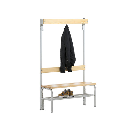 Changing room bench with hook strips, single-sided, 3 hooks, 1015 mm, light grey, shoe rack.