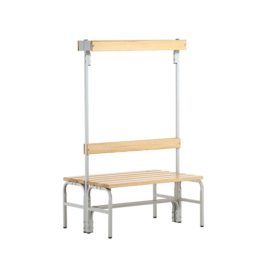 Changing room bench with hook strips, double-sided, 6 hooks, 1015 mm, light grey.