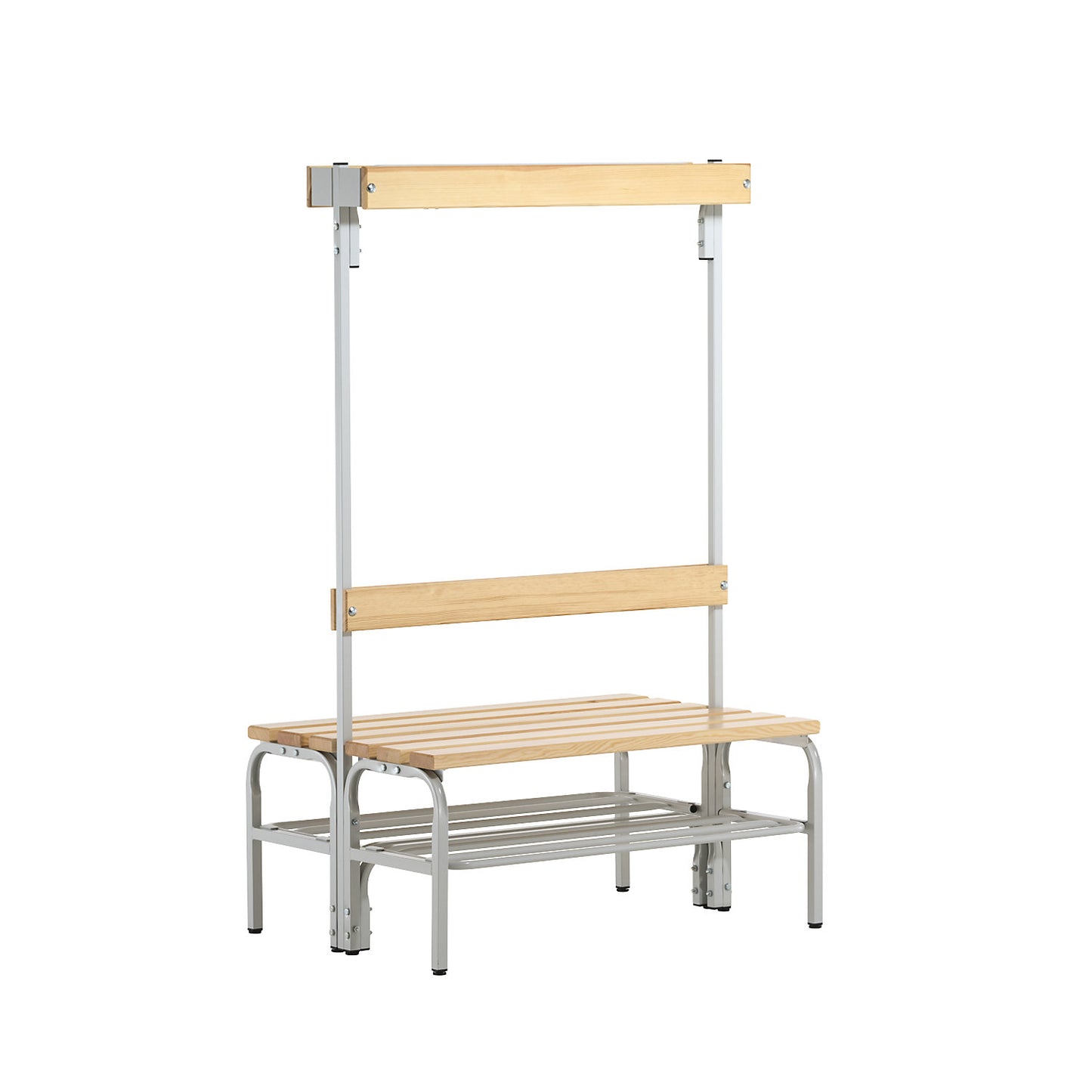 Changing room bench with hook strips, double-sided, 6 hooks, 1015 mm, light grey, shoe rack.