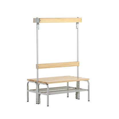 Changing room bench with hook strips, double-sided, 6 hooks, 1015 mm, light grey, shoe rack.