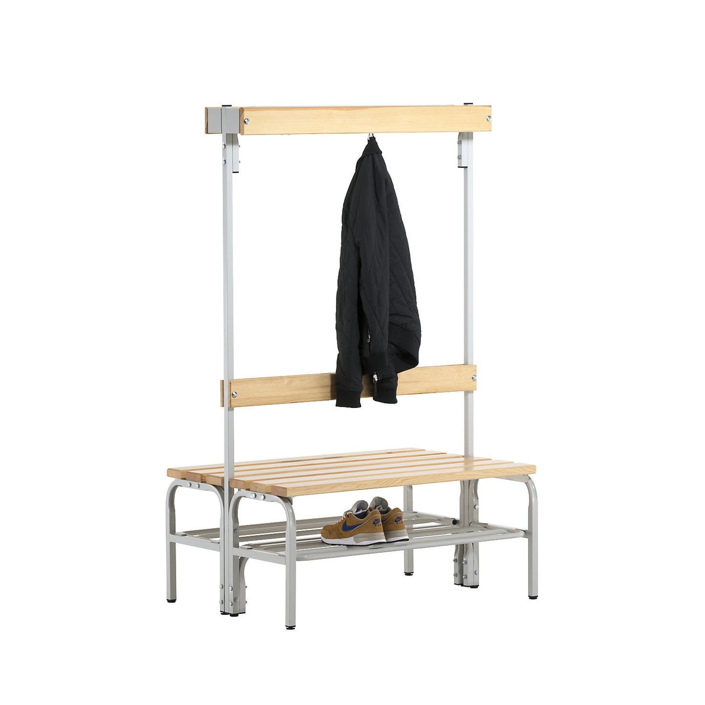 Changing room bench with hook strips, double-sided, 6 hooks, 1015 mm, light grey, shoe rack.